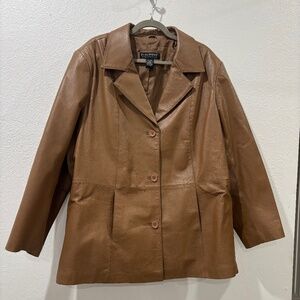 Womens Dialogue Leather Blazer Coat 2X Cognac Button Closure, Front Pockets